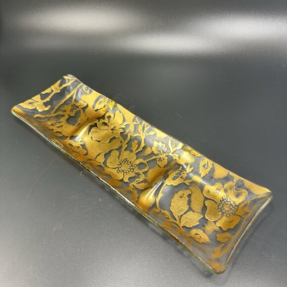 Vintage 3 Part Divided Dish Plate Platter With Heavy Gold Painting Flower Decor - Picture 2 of 12